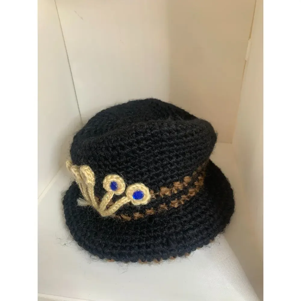 Jotaro Kujo Black Crochet Hat with Gold & Blue Embellishments